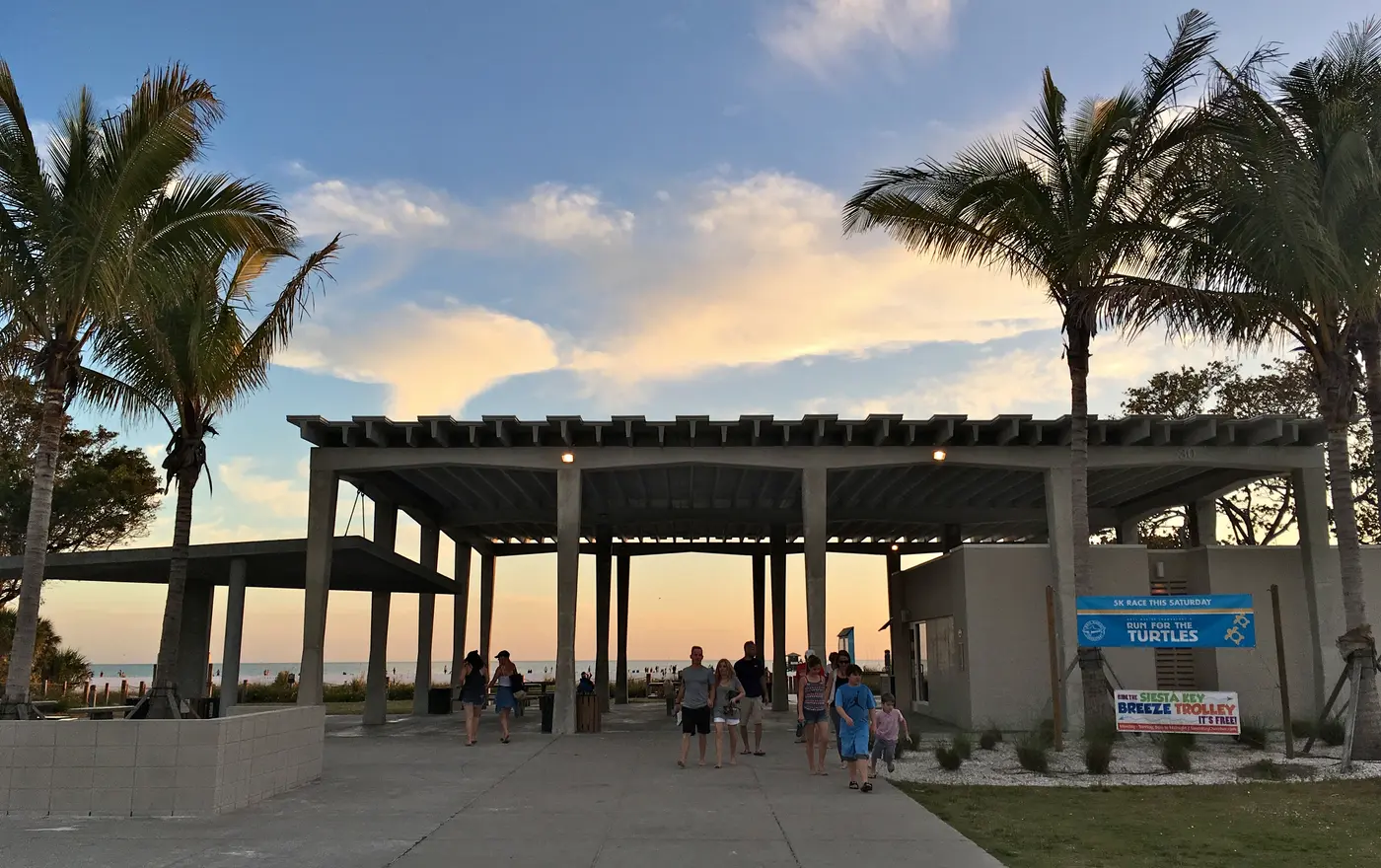 Open-air pavilion overlooking Siesta Beach near sunset