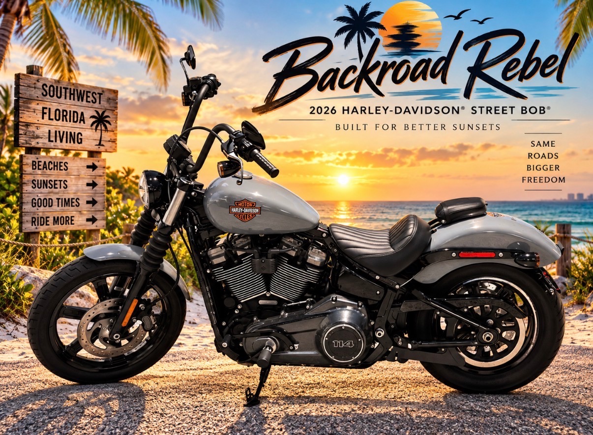 2026 Harley-Davidson Street Bob parked on the Florida Gulf Coast at sunset